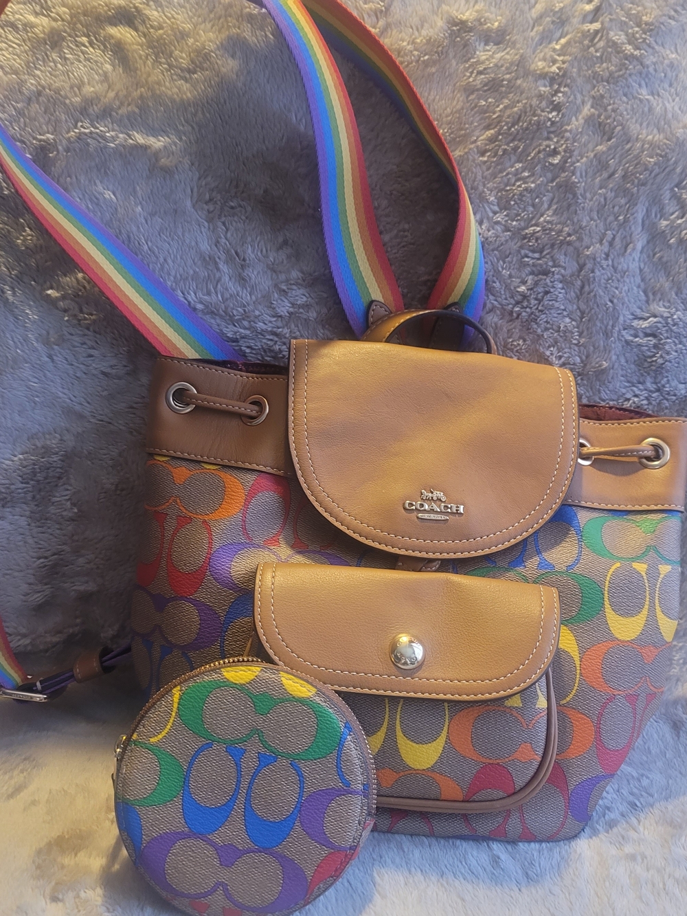 Coach Rainbow Signature Pride Backpack with matching round zip coin purse/charm